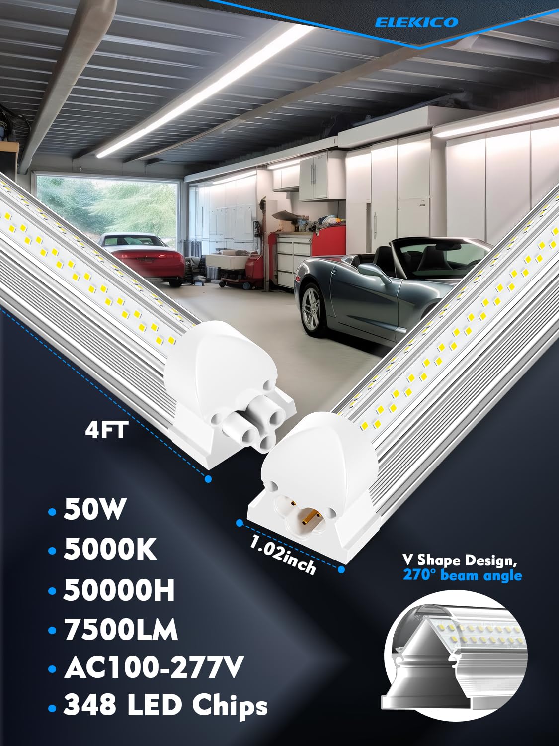 6 Pack 50w 4ft Led Shop Light, Super Bright 7500lm 5000k V Shape 4' Led Shop Lights, Linkable 4 Foot Led Shop Lights for Garage Warehouse, Supermarket, Basement, Barn, Storage Area