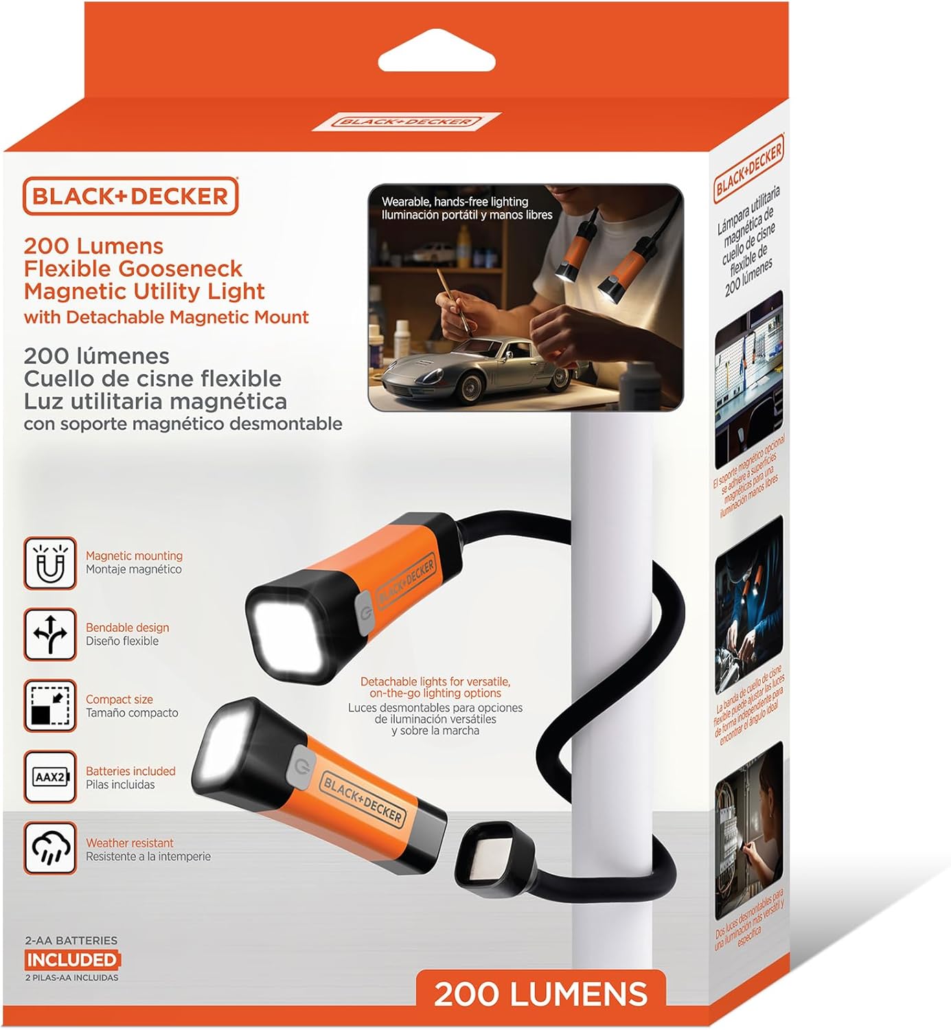 BLACK+DECKER LED Neck Reading Light, 200 Lumens Dual Flashlight Hands-Free Lighting, Flexible Gooseneck, 3 Dimmable Modes, SOS, 3 Magnetic Mounts, Wearable, AA Battery-Powered, IP65 Weather-Resistant