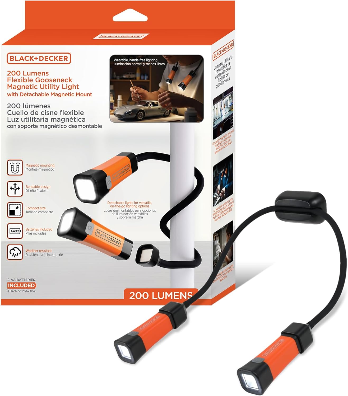 BLACK+DECKER LED Neck Reading Light, 200 Lumens Dual Flashlight Hands-Free Lighting, Flexible Gooseneck, 3 Dimmable Modes, SOS, 3 Magnetic Mounts, Wearable, AA Battery-Powered, IP65 Weather-Resistant