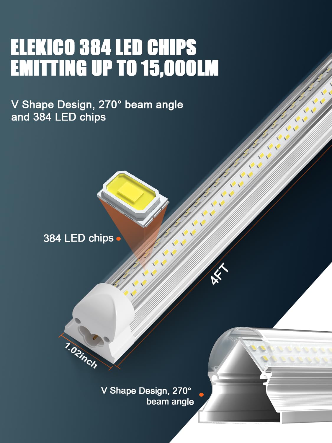 6 Pack 50w 4ft Led Shop Light, Super Bright 7500lm 5000k V Shape 4' Led Shop Lights, Linkable 4 Foot Led Shop Lights for Garage Warehouse, Supermarket, Basement, Barn, Storage Area