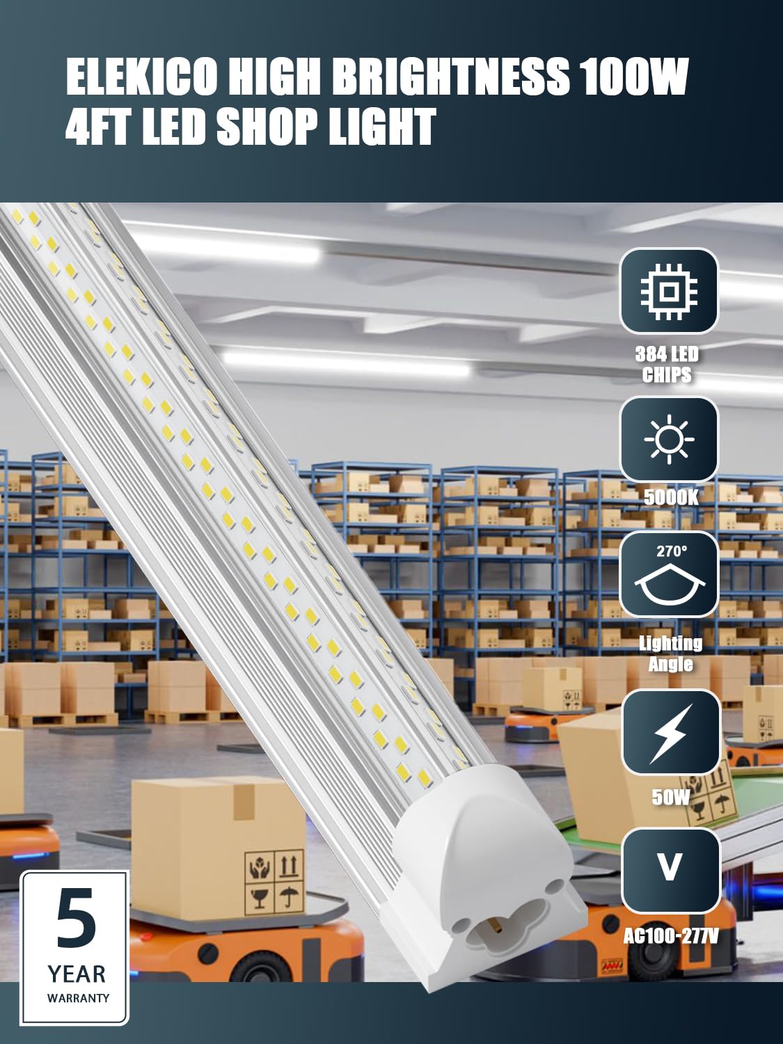 6 Pack 50w 4ft Led Shop Light, Super Bright 7500lm 5000k V Shape 4' Led Shop Lights, Linkable 4 Foot Led Shop Lights for Garage Warehouse, Supermarket, Basement, Barn, Storage Area