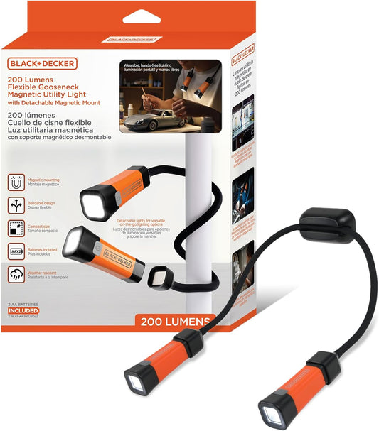 BLACK+DECKER LED Neck Reading Light, 200 Lumens Dual Flashlight Hands-Free Lighting, Flexible Gooseneck, 3 Dimmable Modes, SOS, 3 Magnetic Mounts, Wearable, AA Battery-Powered, IP65 Weather-Resistant